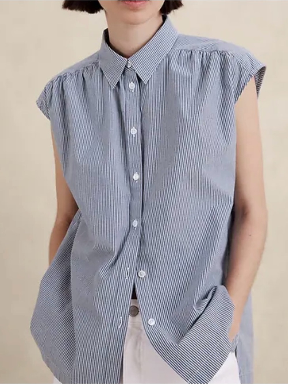 Banana Republic Sleeveless Stripe Button-Down in Navy and White